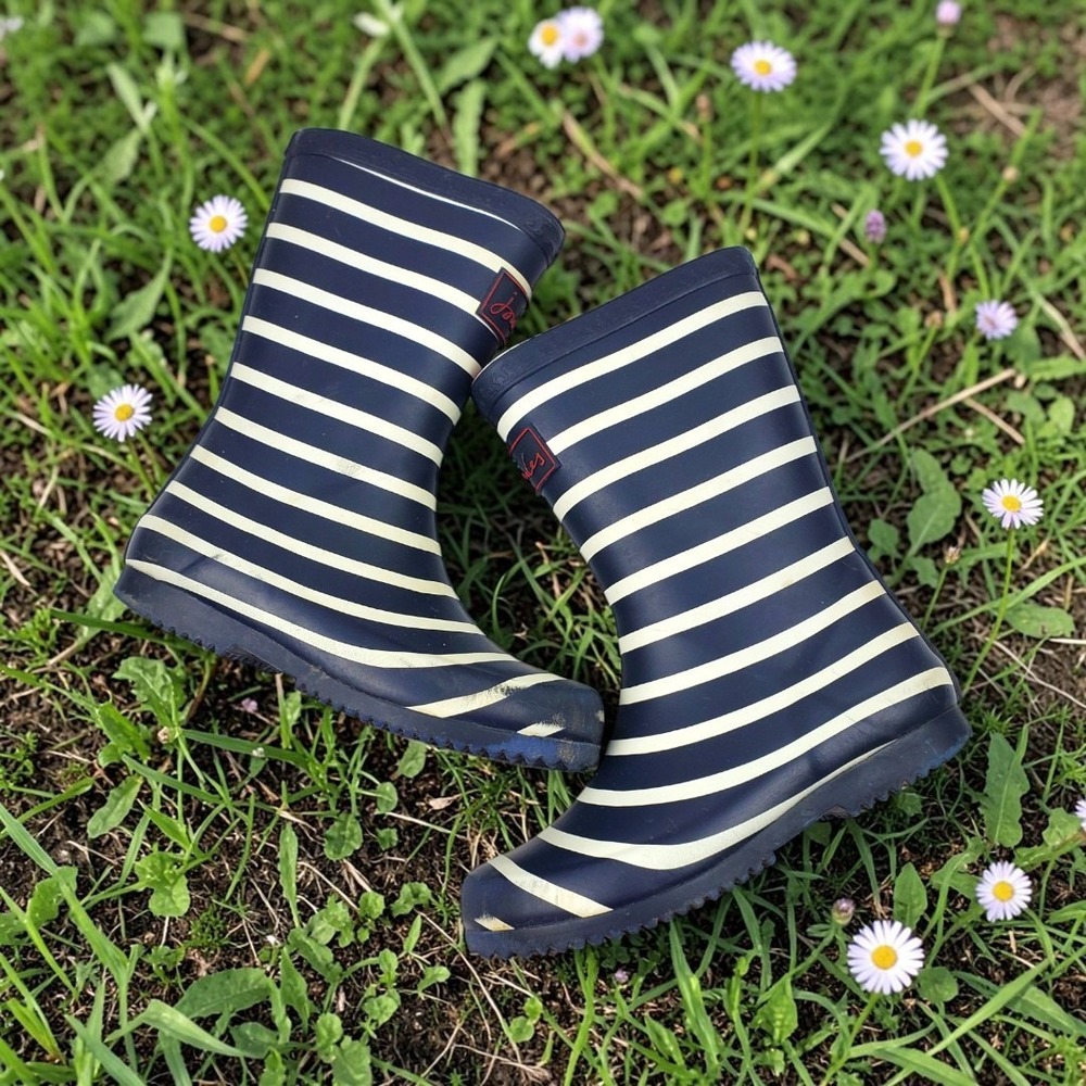 Joules Junior Roll Up Welly Navy White Striped Rain Boots Kids US 12 V02660
